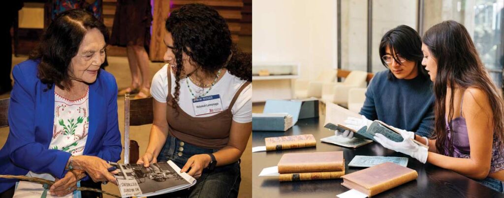 Left: Dolores Huerta met with a student. Right: Students looked the archives.